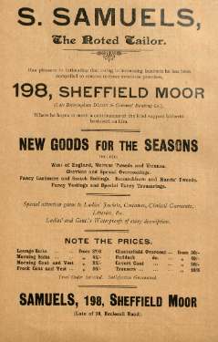 Advertisement for S. Samuels, tailors, No.198 Sheffield Moor