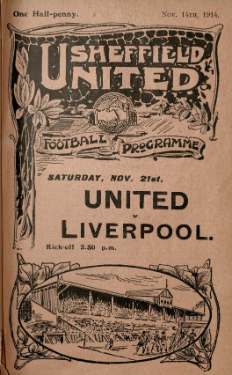 Cover of programme for forthcoming match, Sheffield United  FC v. Liverpool FC, Saturday, 21st November 1914
