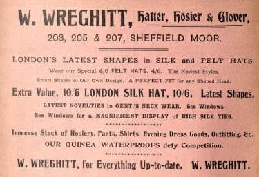 Advertisement for W. Wreghitt, hatter, hosier and glover, Nos. 203 - 207 Sheffield Moor