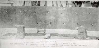 Charles Cammell and Co. Ltd. 9 inch rolled wrought iron armour plate for HMS Cerebus showing the back of the plate, tested at Portsmouth 25th August 1868