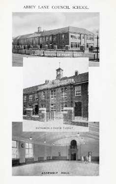 Abbey Lane Council School: Front of buildings from west; entrances and clock turret and assembly hall