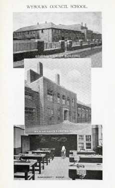 Wybourn Council School, Manor Oaks Road: general view of buildings; main entrance and central features and handicraft room