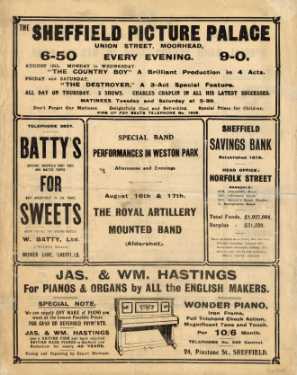 Advertisements for Sheffield Picture Palace, Union Street; W. Batty Ltd., sweet shop, Wicker Lane; Sheffield Savings Bank, Norfolk Street and Jas. and Wm. Hastings, piano dealers, No. 24 Pinstone Street