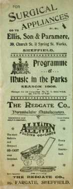 Programme of Music in the Parks, season 1908 (p.1). Advertisements for Ellis, Son and Paramore, surgical appliance manufacturers,No. 39 Church Street or Spring Street Works [Nos. 69 - 71 Spring Street] ...