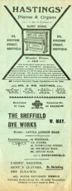 Programme of Music in the Parks, season 1908 (page 4). Advertisements for Jas. and Wm. Hastings, pianos and organs dealers, No. 24 Pinstone Street and The Sheffield Dye Works, Little London Road