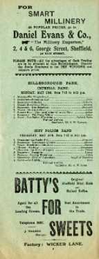 Programme of Music in the Parks, season 1908 (page 5), Hillsborough Park. Advertisements for Daniel Evans and Co. milliners, Nos. 2 - 6 George Street and William Batty, confectioners, Nos. 37 - 39 Wicker Lane