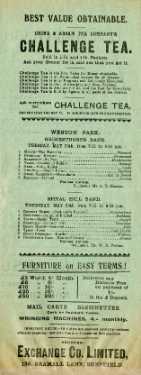 Programme of Music in the Parks, season 1908 (page 7), Weston Park. Advertisements for Challenge Tea and Exchange Co. Ltd., furniture dealers, No. 136 Bramall Lane