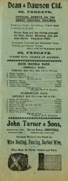 Programme of Music in the Parks, season 1908 (page 11), High Hazels Park. Advertisements for Dean and Dawson Ltd., travel agents, No. 42 Fargate and John Turner and Sons, wire goods manufacturers, The Sheffield Wire Works, No.47 Surrey Street