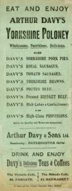 Programme of Music in the Parks, season 1908 (page 16). Advertisement for Arthur Davy and Sons Ltd., Paternoster Row and [Davy's Building],The Victoria Cafe, No. 40 Fargate and The Mikado Cafe, No. 21 Haymarket