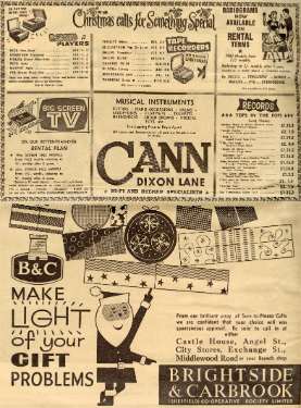 Advertisements for (top) [Philip] Cann, music seller, No. 4 Dixon Lane and (bottom) Brightside and Carbrook Cooperative Society, Castle House, Angel Street, City Stores, Exchange Street [and] Middlewood Road