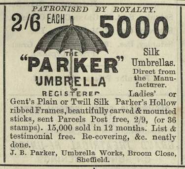 Advertisement for J. B. Parker, [umbrella manufacturers] Umbrella Works, Broom Close