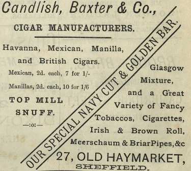 Advertisement for Candlish, Baxter and Co., cigar manufacturers, No. 27 Old Haymarket