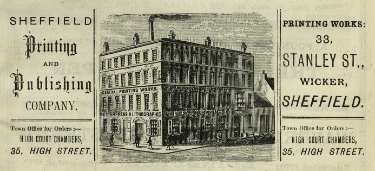 Advertisement for the Sheffield Printing and Publishing Company, High Court Chambers, Nos. 35 High Street (orders) and No. 33 Stanley Street (printing works)