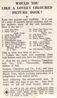 IZAL nursery rhyme card: List of cards produced by Newton, Chambers and Co. Ltd., Thorncliffe, [Chapeltown, 1934]