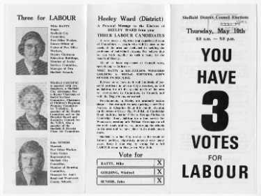 'You have 3 votes for Labour'. Election leaflet of Mike Batty, Winifred Golding and John Senior, Labour Party candidates in the municipal elections for the Heeley ward