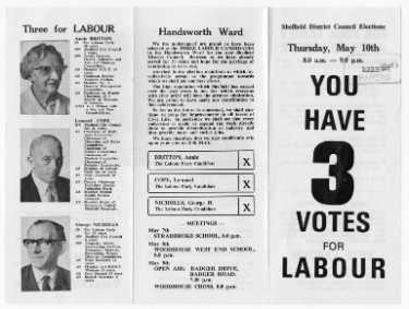 You have 3 votes for Labour. Election leaflet of Annie Britton, Leonard Cope and George Nicholls, Labour Party candidates in the municipal elections for the Handsworth ward