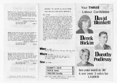 Your 3 Labour candidates. Election leaflet of David Blunkett, Derek Hickin and Dorothy Podlesny, Labour Party candidates in the municipal elections