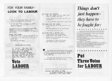 Election leaflet of David Blunkett, Derek Hickin and Dorothy Podlesny, Labour Party candidates in the new Metropolitan District (City) Council municipal elections
