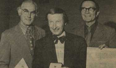 Jan Knot, Chief Architect and Ivan Morris, Assistant Chief Architect (Housing) presenting the gold medal and certificates for the Department of the Environment's 'Good Design in Housing' award to Cllr. Dr. Peter Jones, chair of the Housing Committee