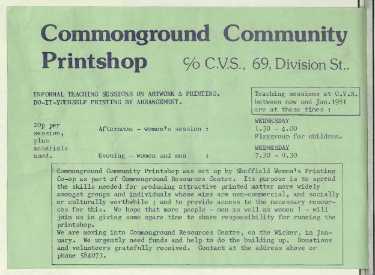 Advertisement for Sheffield Women's Printing Co-op, based at Commonground Community Printshop, No. 69 Division Street