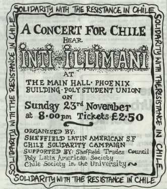 Advertisement for Inti Illimani - a concert for Chile, Phoenix building, Sheffield City Polytechnic