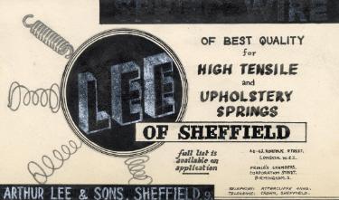 Draft advertisement for spring wire of best quality for high tensile and upholstery springs, (Lee of Sheffield Ltd.) Arthur Lee and Sons Ltd., steel manufacturers, [Crown Steel and Wire Mills, Bessemer Road]