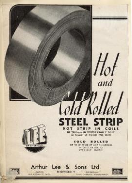 Advertisement for hot and cold rolled steel strip, (Lee of Sheffield Ltd.) Arthur Lee and Sons Ltd., steel manufacturers, Trubrite Steelworks, Meadowhall