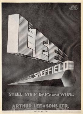 Advertisement for steel strip bars and wire, (Lee of Sheffield Ltd.) Arthur Lee and Sons Ltd., steel manufacturers, Crown Steel and Wire Works, Bessemer Road