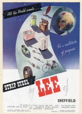Advertisement for strip steel, (Lee of Sheffield Ltd.) Arthur Lee and Sons Ltd., steel manufacturers, Trubrite Steelworks, Meadowhall