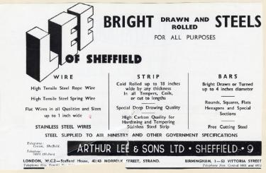 Advertisement for bright steels, (Lee of Sheffield Ltd.) Arthur Lee and Sons Ltd., steel manufacturers, Trubrite Steelworks, Meadowhall 