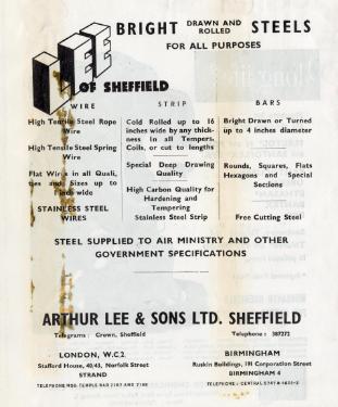 Advertisement for bright steels, (Lee of Sheffield Ltd.) Arthur Lee and Sons Ltd., steel manufacturers