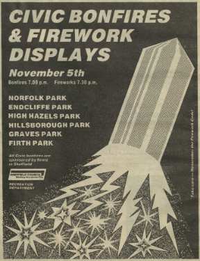 Advertisement for civic bonfires and firework displays at Norfolk, Endcliffe, High Hazels, Hillsborough, Graves [and] Firth Park parks