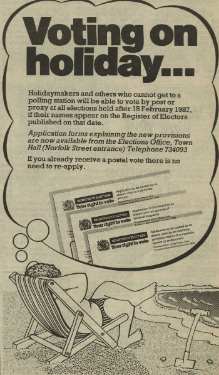 Elections Office advertisement promoting postal votes being available for registered voters who are on holiday at the time of the election