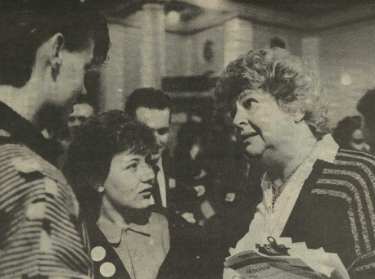 Claire Rayner (1st right) talking to young people at Sheffield City Council's AIDS seminar, City Hall, Barkers Pool