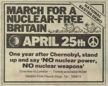 Advertisement for coaches from Sheffield to a march for a nuclear-free Britain, London, 25th April [1987]