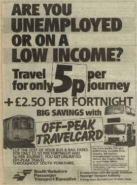 Advertisement for the off peak travel card for the unemployed and people on a low income, South Yorkshire Passenger Transport Executive