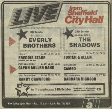Advertisement for musical events and comedy acts, City Hall, Barkers Pool