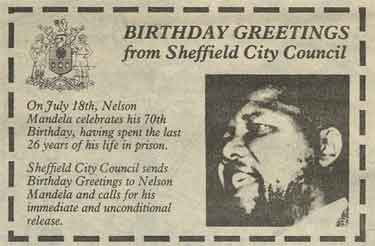 Sheffield City Council sends birthday greetings to Nelson Mandela and calls for his immediate and unconditional release