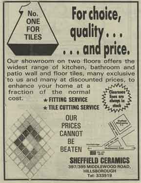 Advertisement for Sheffield Ceramics, tile dealers, Nos. 397 - 399 Middlewood Road