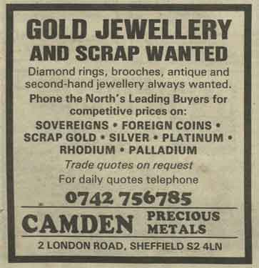 Advertisement for Camden Precious Metals, No. 2 London Road