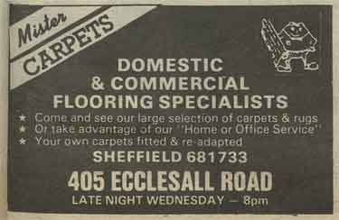 Advertisement for Mister Carpets, carpets dealers, No. 405 Ecclesall Road