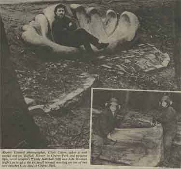 Council photograher, Chris Calow, in the 'Buffalo Flower' in Graves Park and (inset) local sculptors, Wendy Marshall and Alex Moohan at Ecclesall sawmill working on new benches for Graves Park