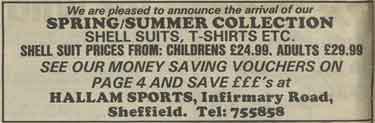 Advertisement for Hallam Sports, sports shop, junction of Infirmary Road and Bedford Street
