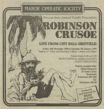 Advertisement for Manor Operatic Society's production of the pantomime 'Robinson Crusoe', City Hall, Barkers Pool
