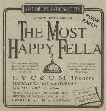Advertisement for the musical 'The Most Happy Fella' by Manor Operatic Society at the Lyceum Theatre