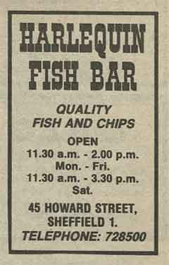 Advertisement for the Harlequin Fish Bar, No. 45 Howard Street