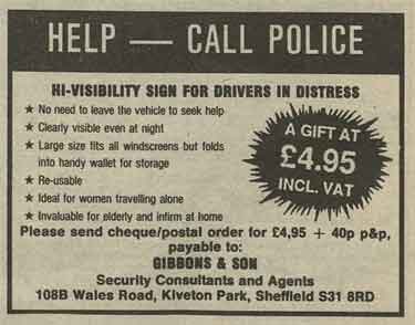 Advertisement for Gibbons and Son, security consultants and agents, No. 108B Wales Road, Kiveton Park