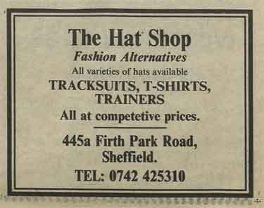 Advertisement for The Hat Shop, fashion shop, No. 445a Firth Park Road