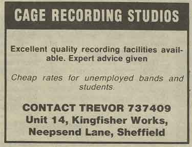 Advertisement for Cage Recording Studios, Unit 14, Kingfisher Works, Neepsend Lane