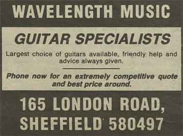 Advertisement for Wavelength Music, guitar specialists, No. 165 London Road